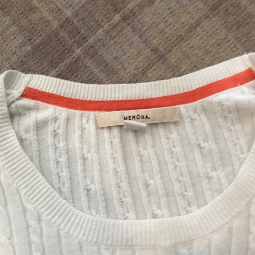 White crew cable knit sweater.